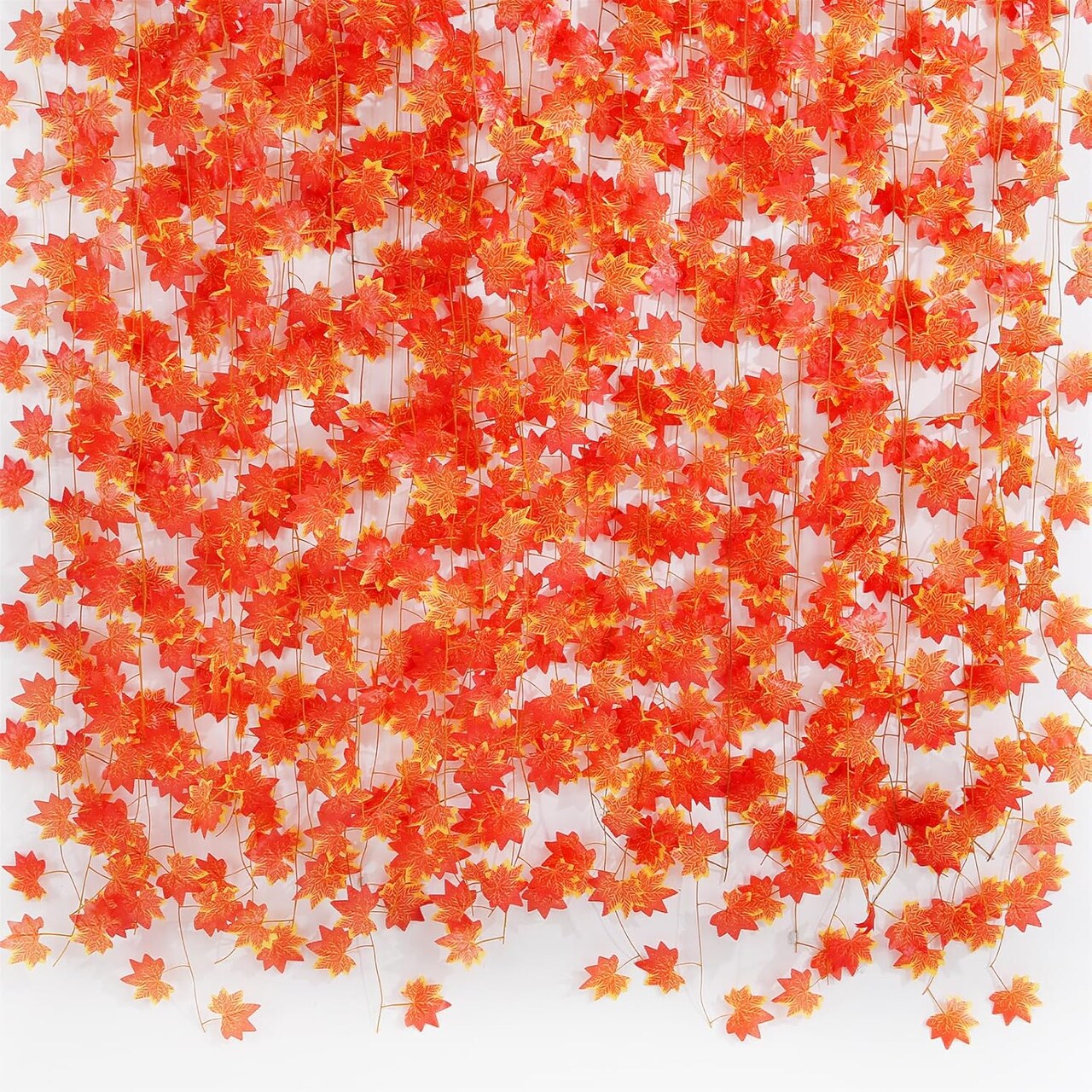 12-Pack Fall Leaf Garland – Artificial Maple Leaf Vines for Room Decor, Autumn Wall Hanging, Thanksgiving, Halloween, Christmas, Weddings, Parties, Fireplace & Garden Decorations (Red)